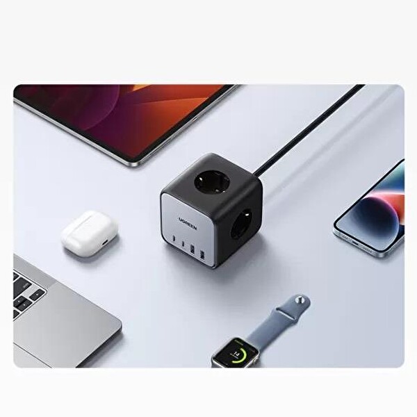 Ugreen 60113 DigiNest Cube 65W GaN 2 Hızlı Şarj Cihazı 2xUSB 2xType C 3'lü Küp Grup Akım Korumalı Priz 5