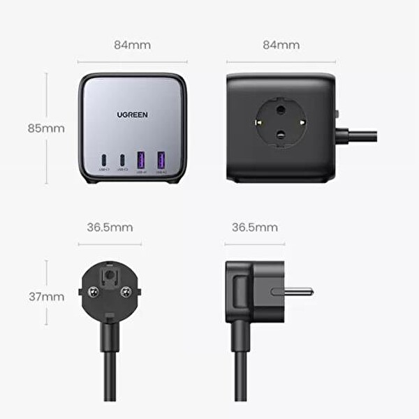 Ugreen 60113 DigiNest Cube 65W GaN 2 Hızlı Şarj Cihazı 2xUSB 2xType C 3'lü Küp Grup Akım Korumalı Priz 7