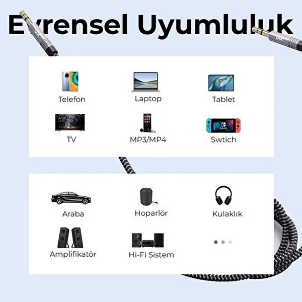 Bix 3.5MM 3 M Erkek To Erkek Örgülü Stereo AUX Ses Kablosu