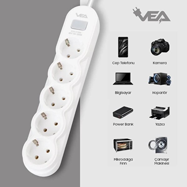 VEA VA-21569 5'li Anahtarlı 1.5 Metre Beyaz Akım Korumalı Priz