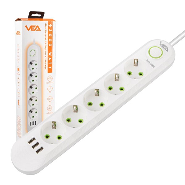 VEA VA-21562 5'li 3xUSB'li 1.5 Metre Beyaz Akım Korumalı Priz