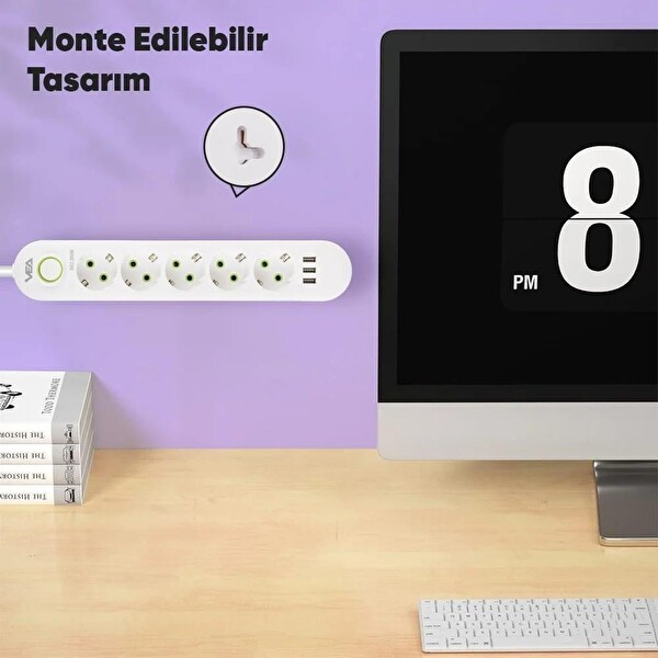 VEA VA-21562 5'li 3xUSB'li 1.5 Metre Beyaz Akım Korumalı Priz