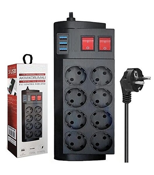 ZHL Tools 8'li Priz 3 USB'li 2 Metre Uzatma Kablosu Çoklu Priz Termal Akım Korumalı