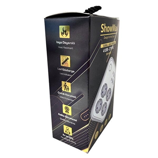 Showmax SH-4629 10A 2500W 2 M 4xUSB 4'lü Termal Akım Korumalı Priz