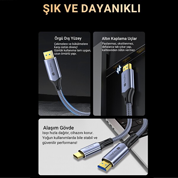 VegGieg USB-C to HDMI 8K 60Hz 4K 240Hz HDR 3D Destekli Örgülü 48 Gbps Görüntü Aktarım Kablosu 2 M