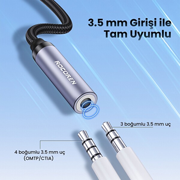 Rocoren DAC Çipli Type-C to 3.5 MM Jack Aux Ses Dönüştürücü Çevirici Kablo Adaptör