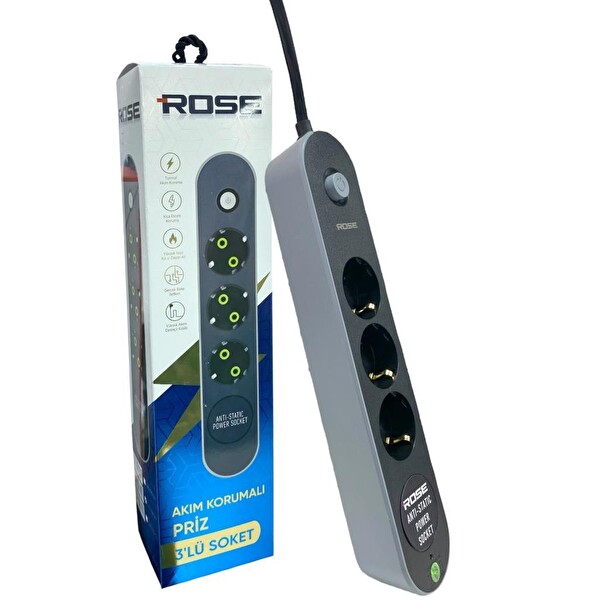 Rose GR-300 2 Metre Kablolu 3'lü Akım Korumalı Grup Priz