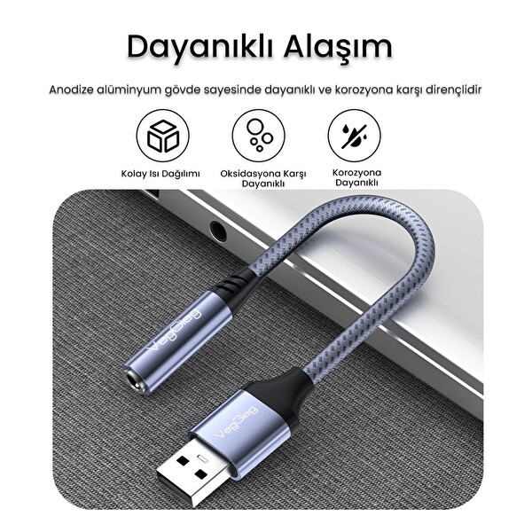 VegGieg USB-A To 3.5MM Jack Aux Mikrofon Destekli DAC Chip HiFi Ses Kartı