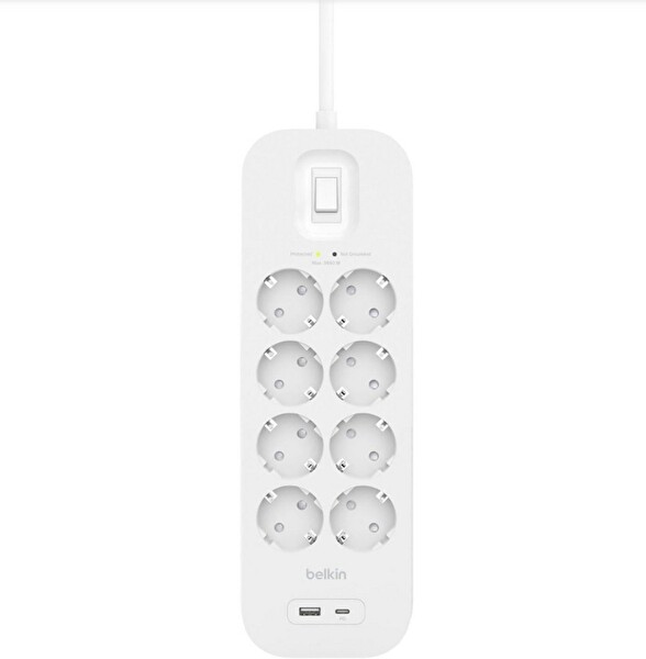 Belkin SRB003VF2M-V2 8'li Çoklu Yüksek Gerilim Korumalı Hızlı Şarj USB-C PD - USB-C Ve USB-A Akım Koruyucu Priz - Beyaz 2M