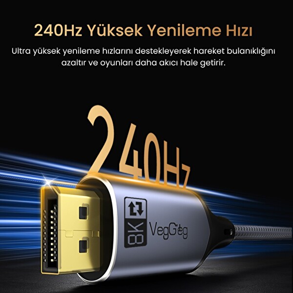 VegGieg Type-C To DP 8K 60Hz 4K 240Hz HDR ARC 48Gbps Örgülü Çift Yönlü Görüntü HDMI Kablo - 1 M
