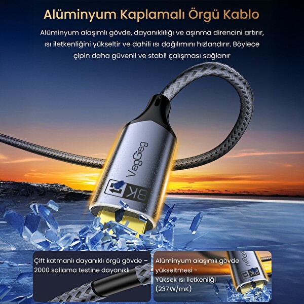 VegGieg Type-C To DP 8K 60Hz 4K 240Hz HDR ARC 48Gbps Örgülü Çift Yönlü Görüntü HDMI Kablo - 1 M