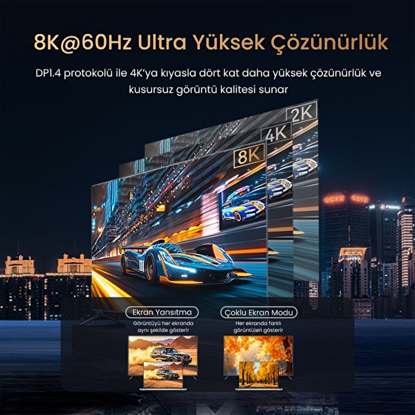 VegGieg Type-C To DP 8K 60Hz 4K 240Hz HDR ARC 48Gbps Örgülü Çift Yönlü Görüntü HDMI Kablo - 2 M