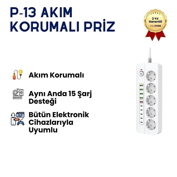 Hzl Store P13 Akım Korumalı Çoklu Priz - USB Girişli Anahtarlı Yüksek Güvenlikli Elektrik Prizi