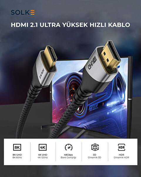 Solke HDMI 2.1 3 M UHD 8K 60Hz 4K 120Hz 48Gbps HDR eARC HDCP TV Monitör PS5 Xbox Görüntü Kablo