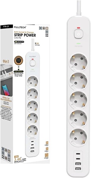 Çeşithane 2 Metre Kablolu USB & Type-C Şarjlı 3680 W 5’li Akım Korumalı Çoklu Priz