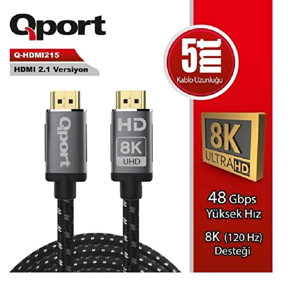 Qport Q-HDMI215 5M 2.1V 8K Altın Uçlu Örgülü HDMI Kablo