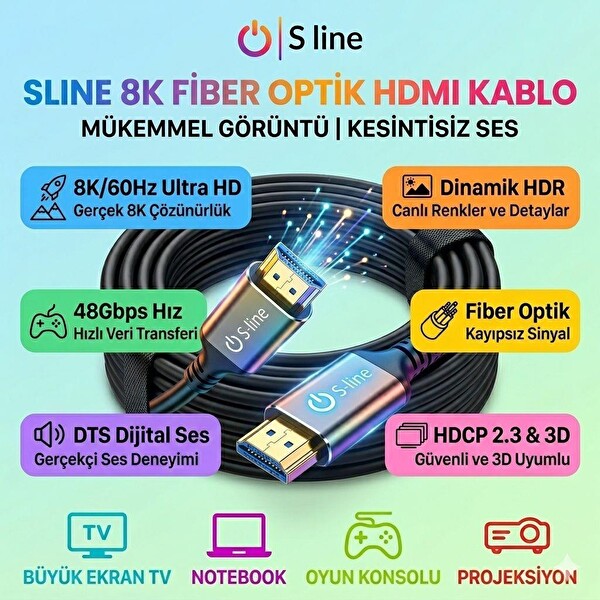 Sline Line Of Technology 8K V2.1 Fiber Optik HDMI Kablo - 20Metre 7680x4320P