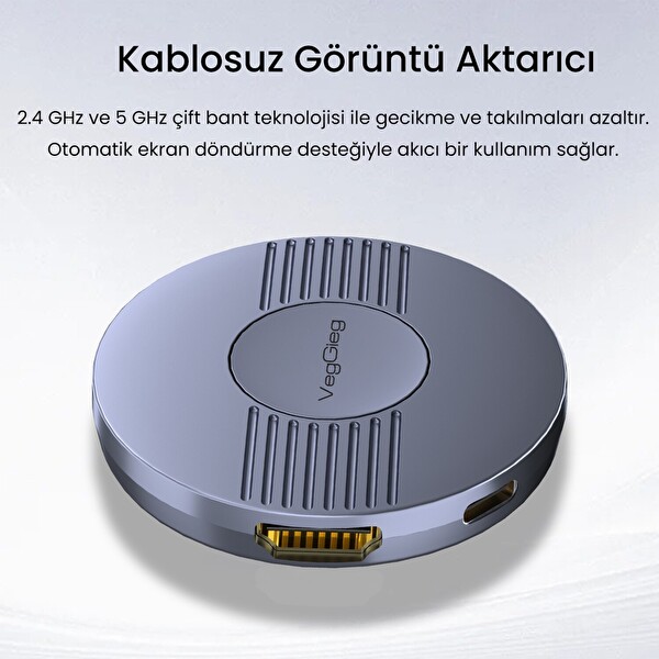VegGieg 1080P 60Hz Kablosuz HDMI Görüntü ve Ses Aktarıcı Telefon TV Yansıtma Cihazı 2.4GHz ve 5GHz Wireless Display Adaptör