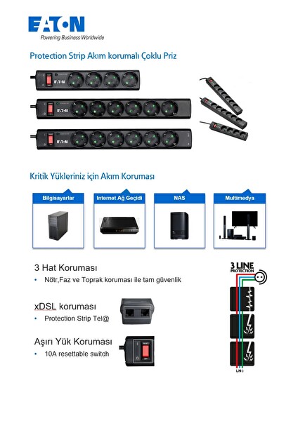 Eaton 6'lı Schuko 6 DIN-PS6D Akım Korumalı Priz