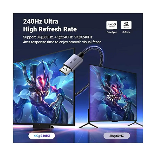 Ugreen  25906 DP120 Ultra HD 8K 60Hz Çözünürlük DisplayPort to DisplayPort 1.4 3 M Örgülü Kablo 3