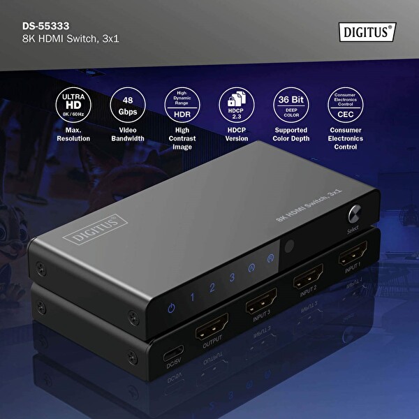 Digitus 8K HDMI Switch 3x1 (3x1 HDMI Switch 8K/60Hz 4:4:4 HDR HDCP 2.3 HDMI Kablo