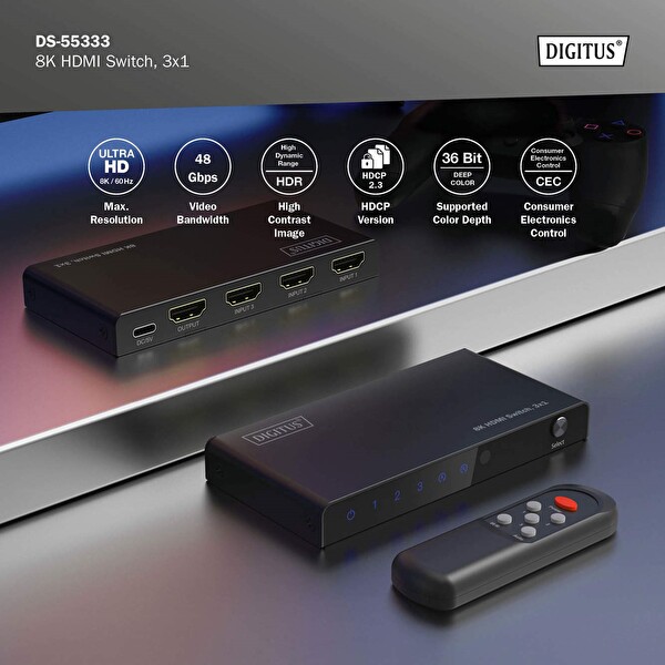 Digitus 8K HDMI Switch 3x1 (3x1 HDMI Switch 8K/60Hz 4:4:4 HDR HDCP 2.3 HDMI Kablo