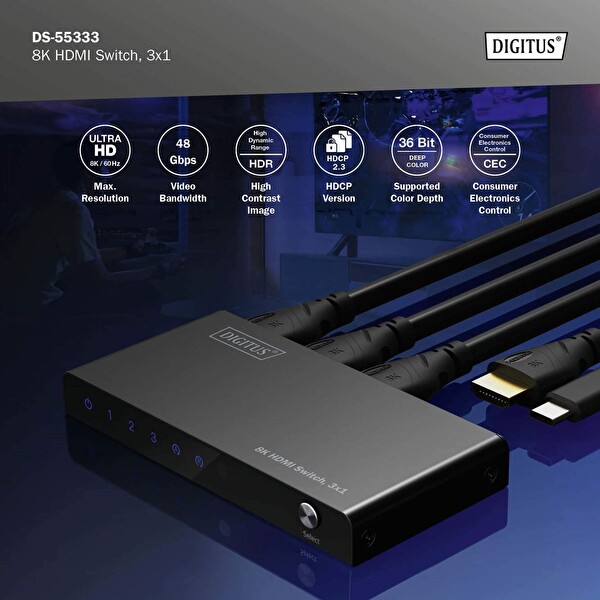 Digitus 8K HDMI Switch 3x1 (3x1 HDMI Switch 8K/60Hz 4:4:4 HDR HDCP 2.3 HDMI Kablo
