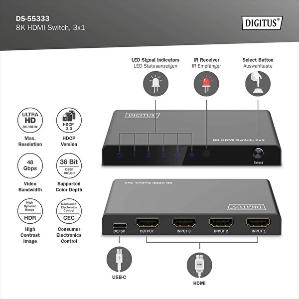 Digitus 8K HDMI Switch 3x1 (3x1 HDMI Switch 8K/60Hz 4:4:4 HDR HDCP 2.3 HDMI Kablo