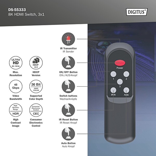 Digitus 8K HDMI Switch 3x1 (3x1 HDMI Switch 8K/60Hz 4:4:4 HDR HDCP 2.3 HDMI Kablo