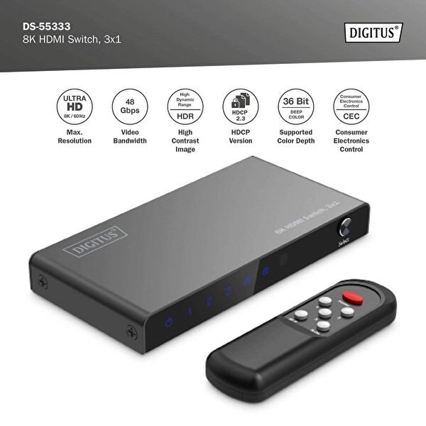 Digitus 8K HDMI Switch 3x1 (3x1 HDMI Switch 8K/60Hz 4:4:4 HDR HDCP 2.3 HDMI Kablo