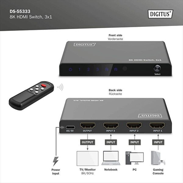 Digitus 8K HDMI Switch 3x1 (3x1 HDMI Switch 8K/60Hz 4:4:4 HDR HDCP 2.3 HDMI Kablo