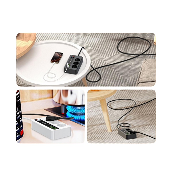 Hzl Store P10 Akım Korumalı Çoklu USB Girişli Anahtarlı Yüksek Güvenlikli Priz Ünitesi