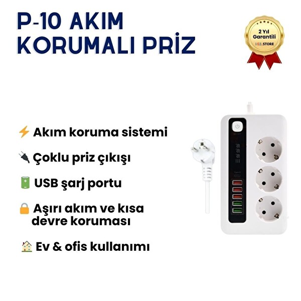 Hzl Store P10 Akım Korumalı Çoklu USB Girişli Anahtarlı Yüksek Güvenlikli Priz Ünitesi