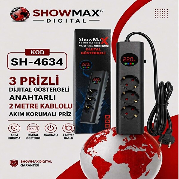 Showmax SH-4634 Dijital Göstergeli 3'lü 2 Metre Kablolu Akım Korumalı Grup Priz