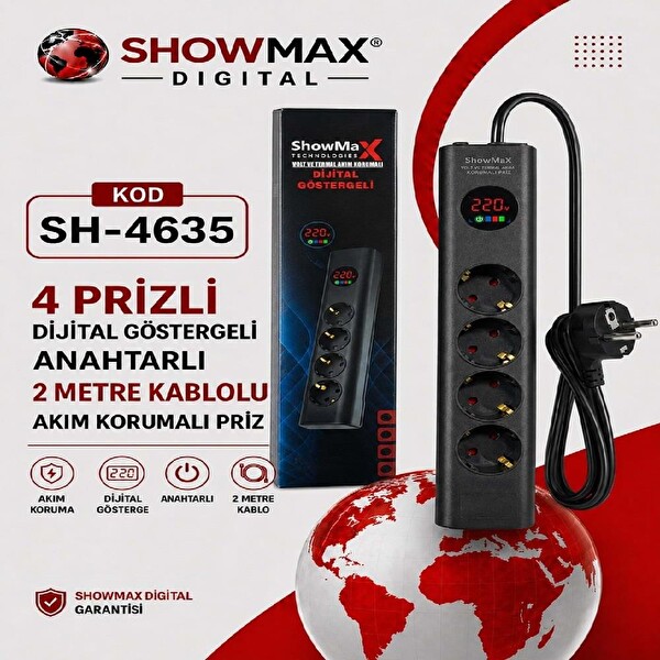 Showmax SH-4635 Dijital Göstergeli 4'lü 2 Metre Kablolu Akım Korumalı Grup Priz