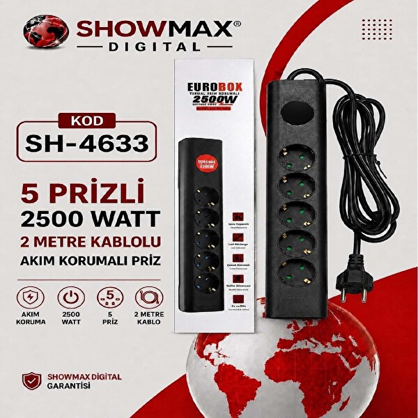 Eurobox SH-4633 5'li 2 Metre Kablolu Akım Korumalı Grup Priz