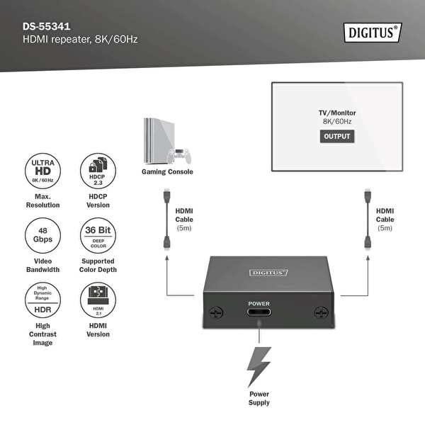 Digitus HDMI 8K 60Hz 10m 8K 60, 16 M 4K 60Hz Uzatıcı 8