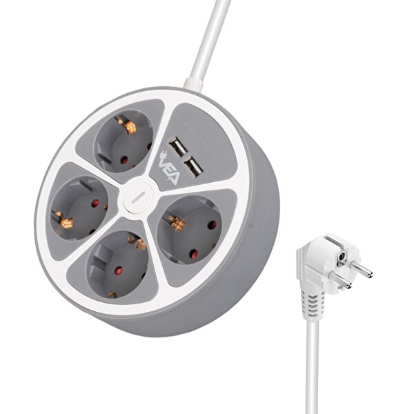 VEA VE-G604YU 2 USB’li Anahtarlı 1.5 M 4'lü Grup Priz