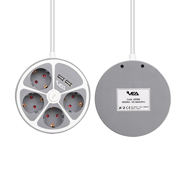 VEA VE-G604YU 2 USB’li Anahtarlı 1.5 M 4'lü Grup Priz