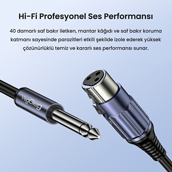 VegGieg 6.35 MM to XLR Dişi Mikrofon Kablosu Hi-Fi Ses Kalitesi OFC Bakır Enstrüman Ses Kablosu 3 M