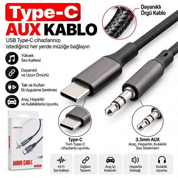Hadron GJ021 Type-C 3.5 mm AUX Ses Kablosu Siyah 1 M