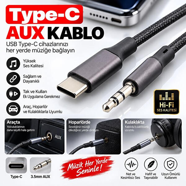 Hadron GJ021 Type-C 3.5 mm AUX Ses Kablosu Siyah 1 M