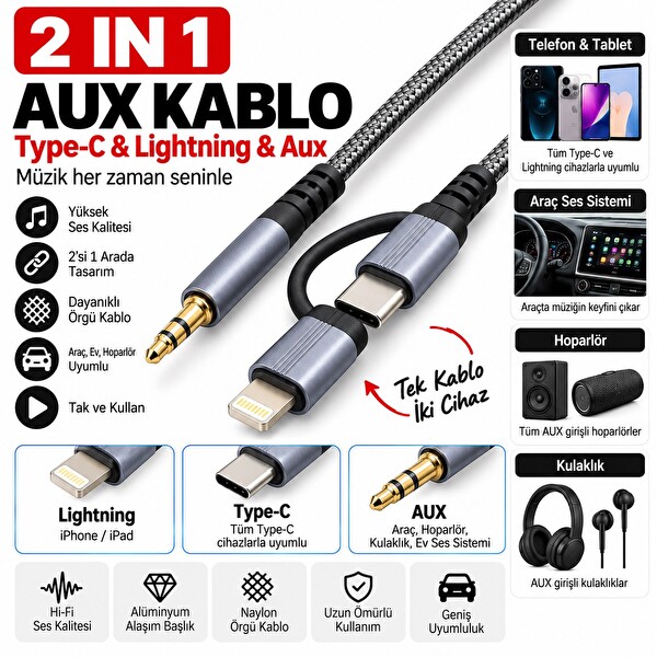Hadron GJ027 Type-C Lightning 3.5 mm AUX Ses Kablosu Siyah Gri