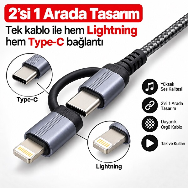 Hadron GJ027 Type-C Lightning 3.5 mm AUX Ses Kablosu Siyah Gri