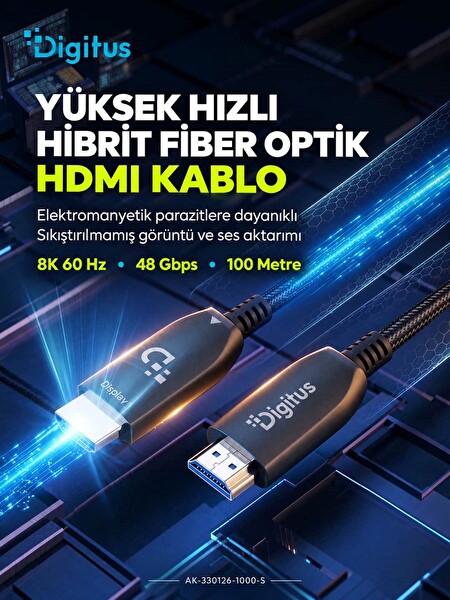 Digitus 100 Metre HDMI AOC Hibrit Fiber Optik Kablo 8K 60Hz UHD 48 Gbps HDR