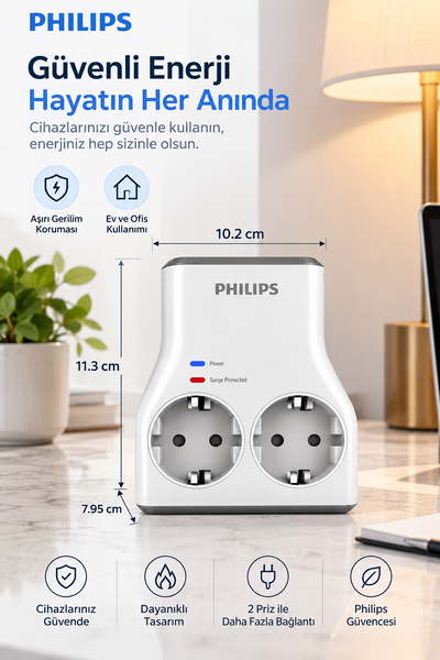 Philips CHP7022W/62 1140J Aşırı Gerilim Koruma 2'li Akım Korumalı Priz