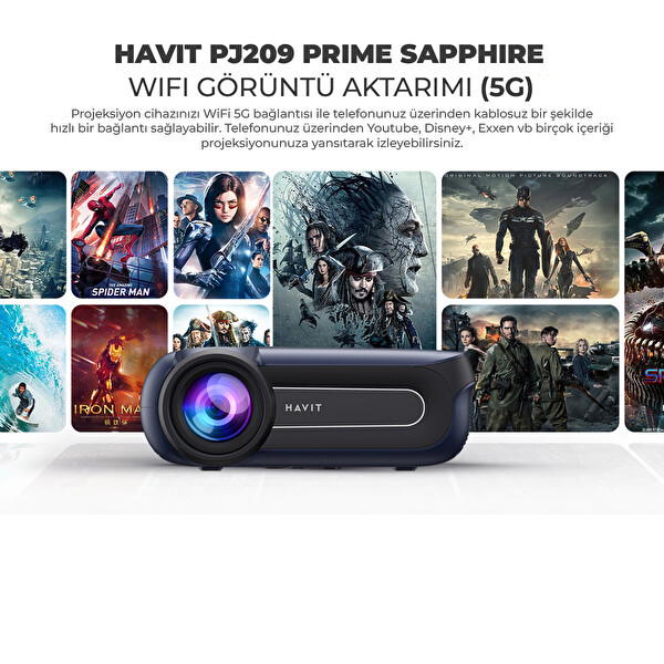 Havit PJ209 Prime Sapphire 1080p 350 ANSI Full HD Wi-Fi Görüntü Aktarımı 5G Siyah Projeksiyon Cihazı