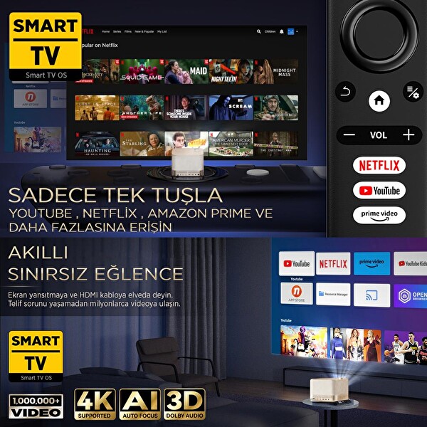 Vankyo Aurzen Boom 3 4K Android TV Auto Focus-Auto Keystone-6G WiFi-5.2 Bluetooth-300 İnç Yansıtma-36W HiFi Dolby Ses Sistemi