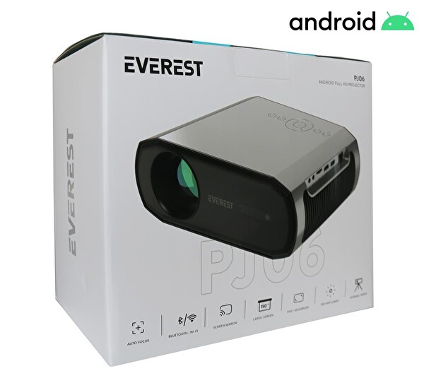 Everest PJ06 Gri-Siyah 1080P 9800 Lümens Tripodlu Android 9.0 4K Destekli FHD Projeksiyon Cihaz