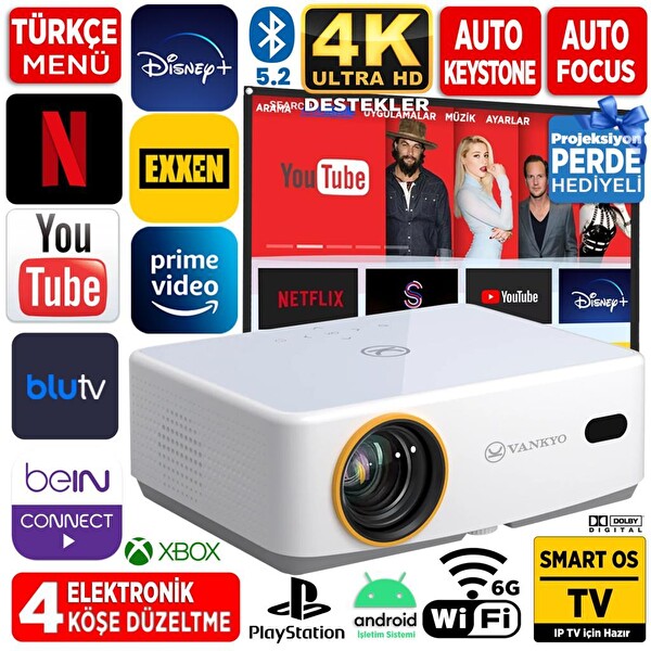 Vankyo Leisure L570B Smart TV 4K Destekli Projeksiyon Cihazı - Auto Focus - Auto Keystone - 6G WiFi+5.2 Bluetooth
